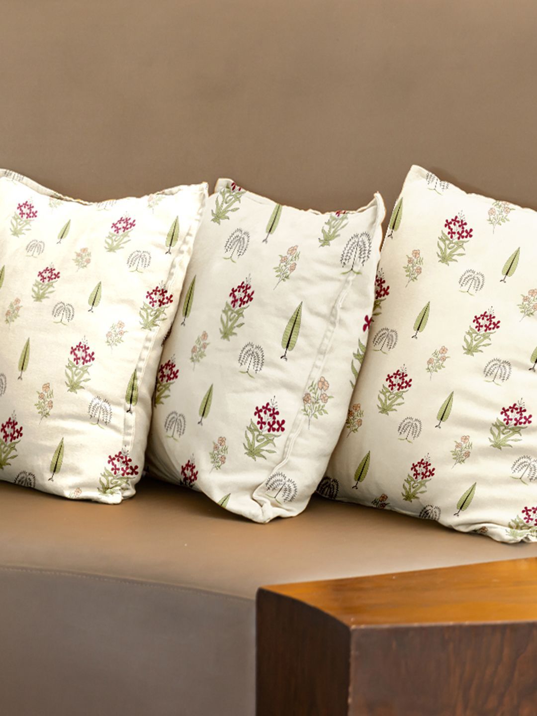 URBAN SPACE Red & White 3 Pieces Floral Printed Cotton Square Cushion Covers