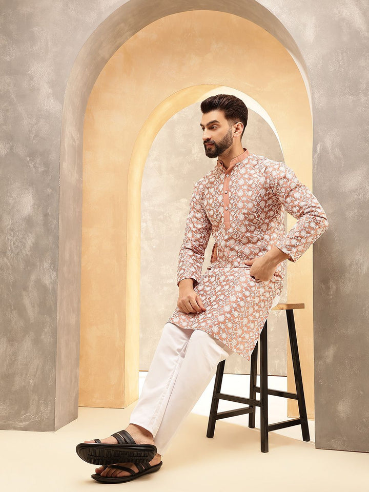 Anouk Peach Floral Embroidered Mandarin Collar Straight Kurta With Pyjamas