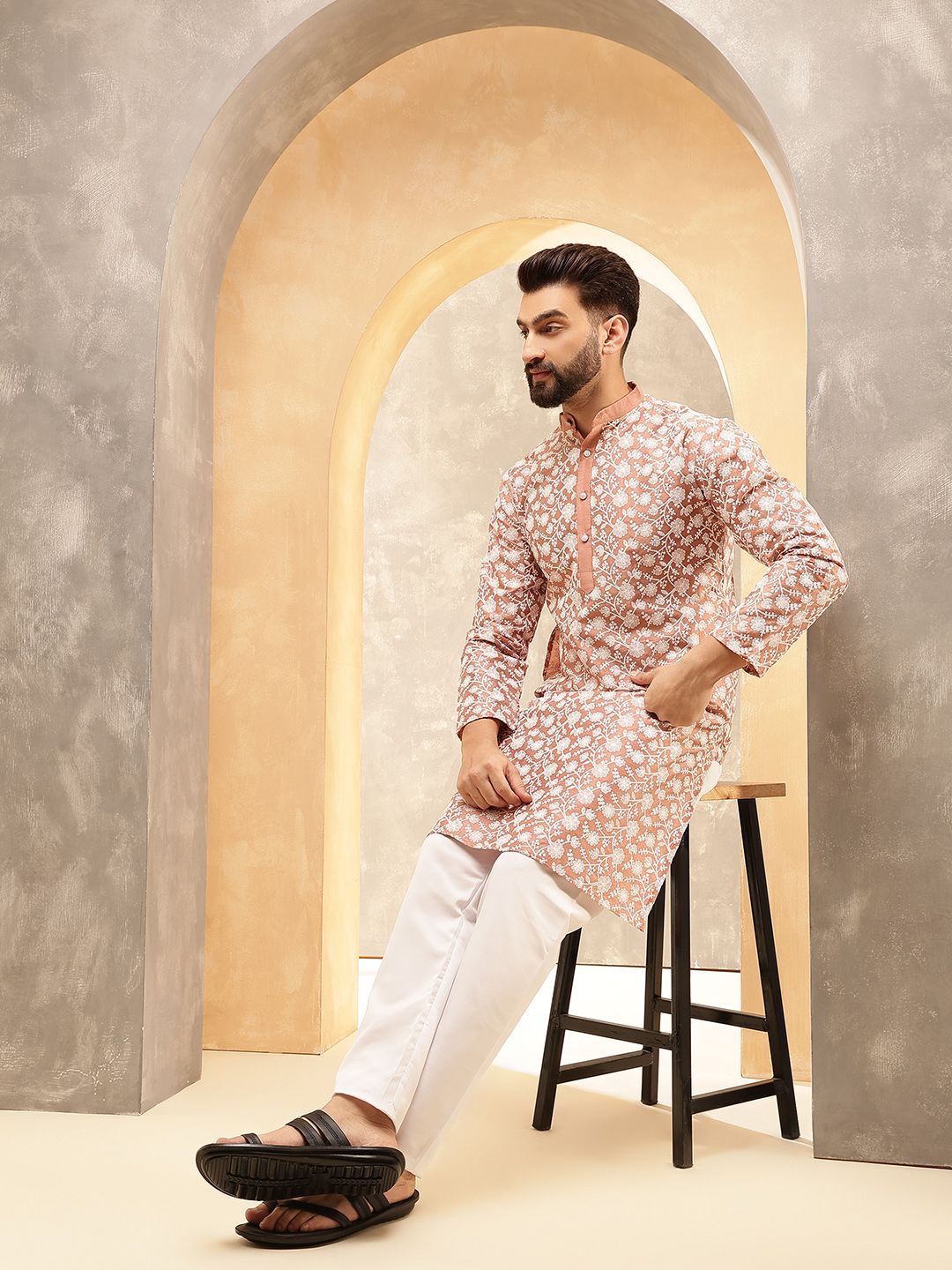 Anouk Peach Floral Embroidered Mandarin Collar Straight Kurta With Pyjamas
