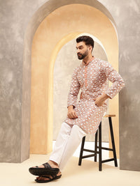 Anouk Peach Floral Embroidered Mandarin Collar Straight Kurta With Pyjamas