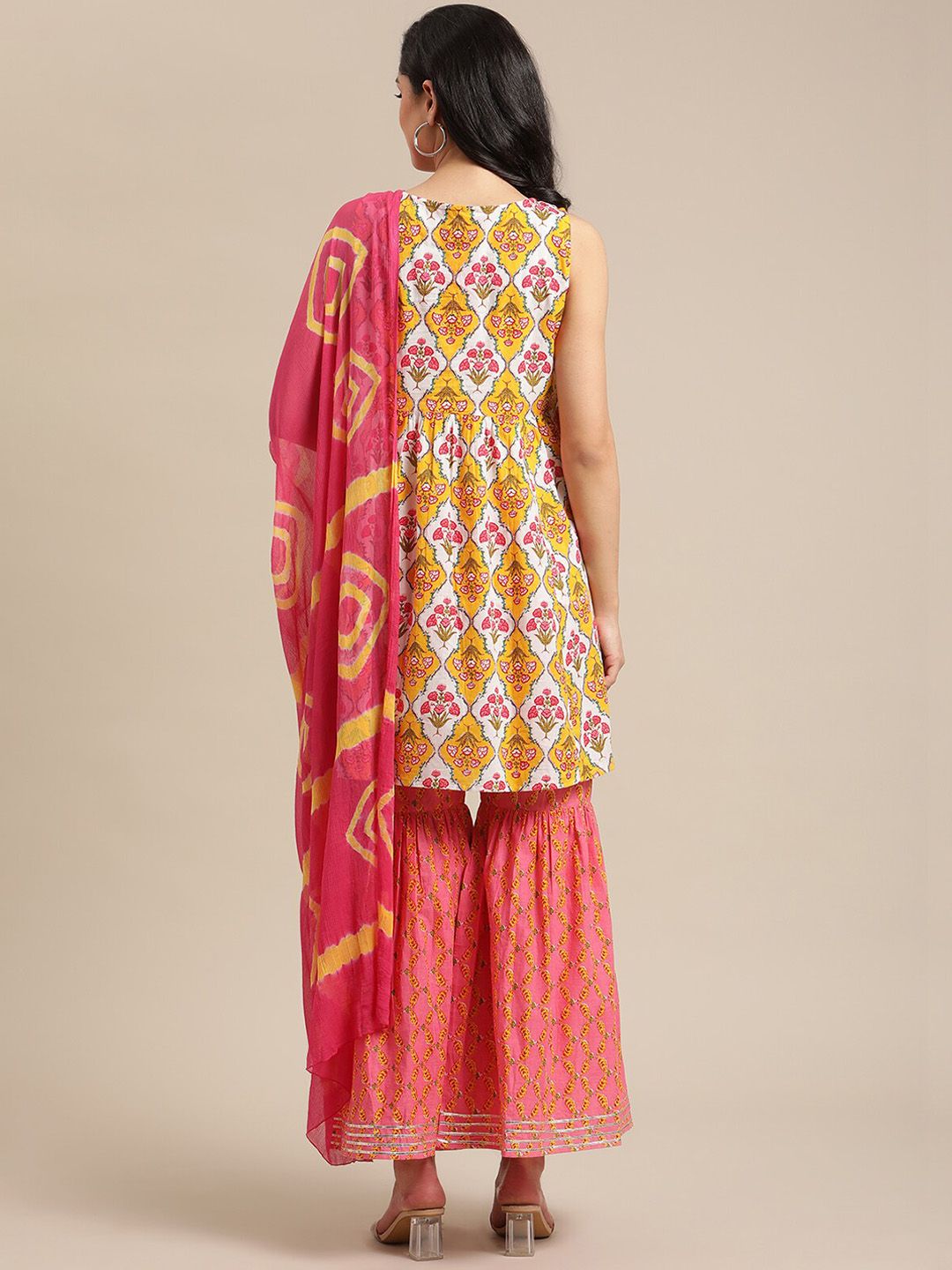 Varanga Women Mustard Yellow Floral Printed Empire Pure Cotton Kurti with Sharara & With Dupatta