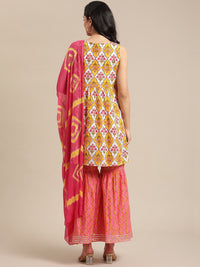 Varanga Women Mustard Yellow Floral Printed Empire Pure Cotton Kurti with Sharara & With Dupatta