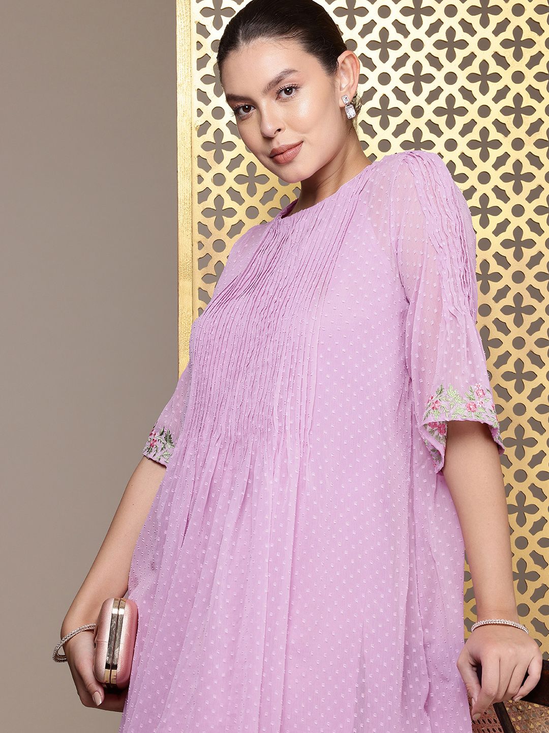 House of Pataudi Jashn Self Designed Embroidered Detail A-Line Midi Dress