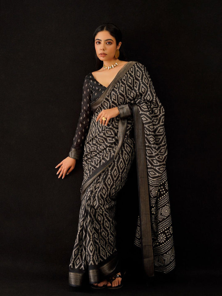 Tikhi Imli Black & Gold Geometric Printed Ready To Wear Saree