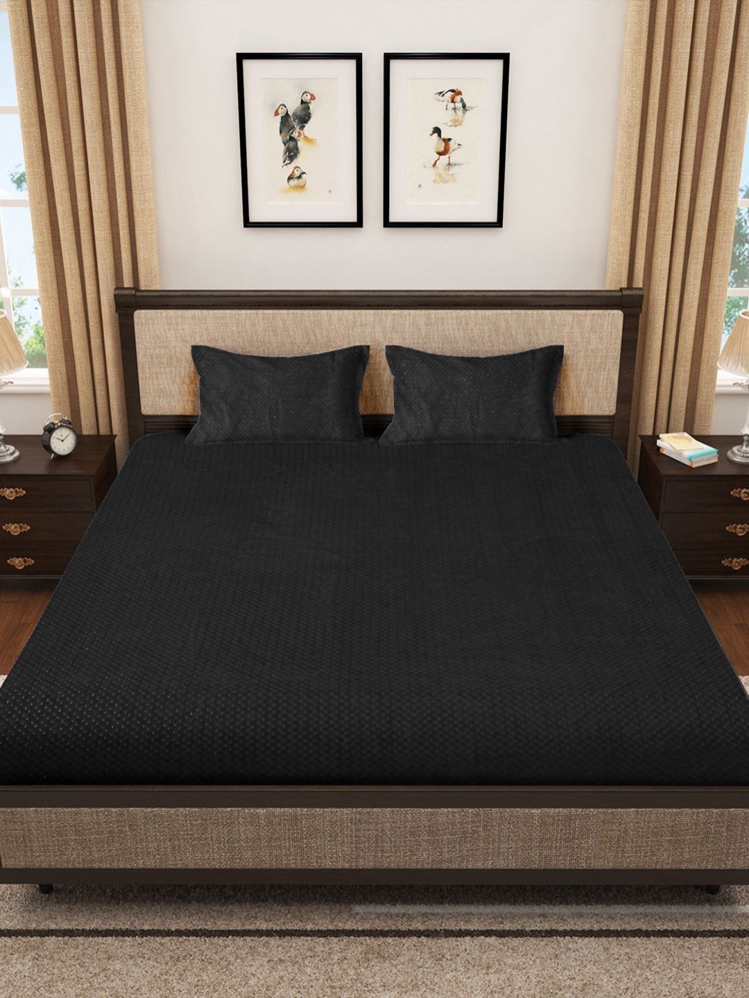 KLOTTHE Black 300TC Woolen Fitted Double King Bedsheet & Pillow Covers