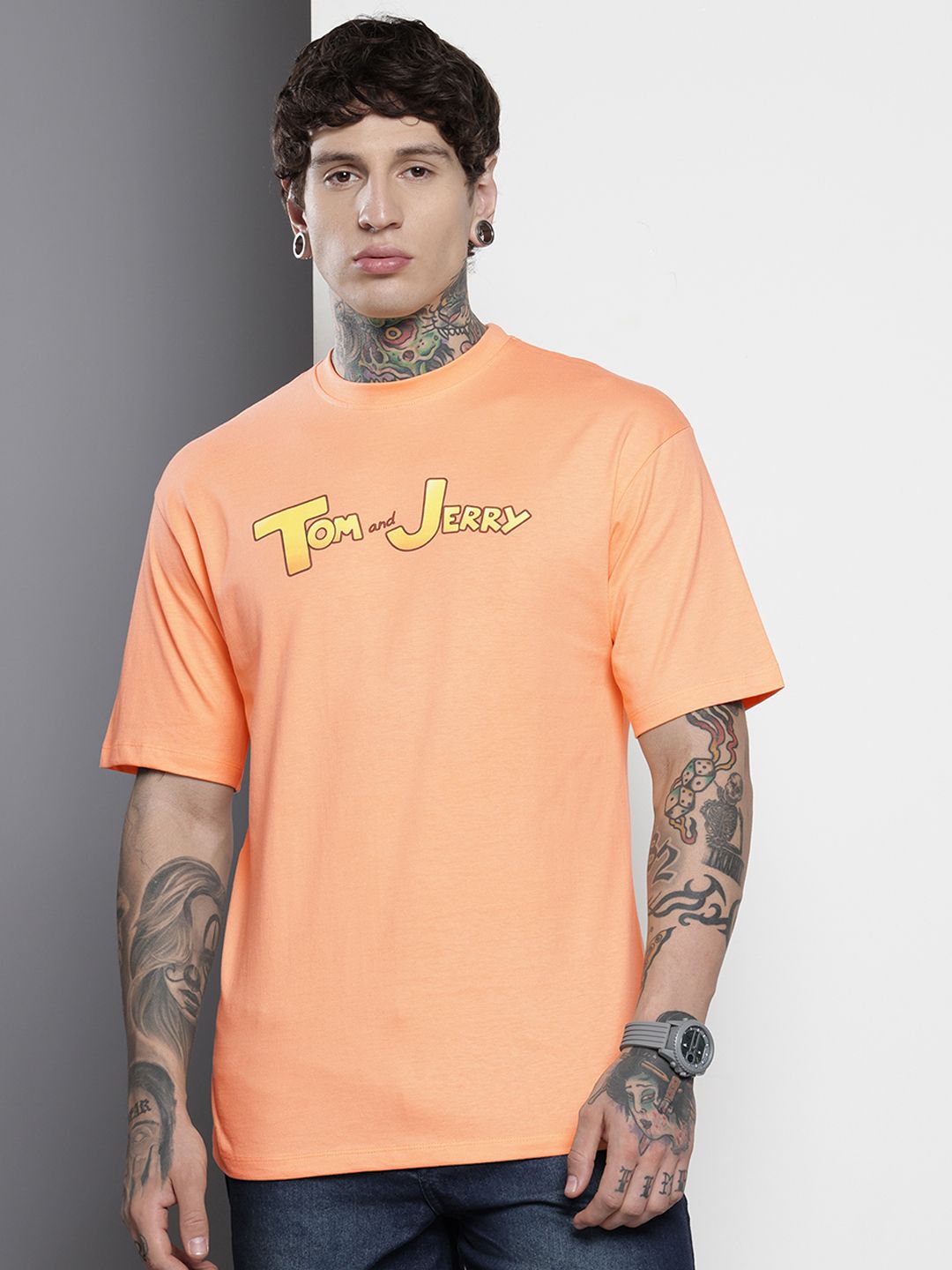 The Indian Garage Co Pure Cotton Tom & Jerry Printed Drop-Shoulder Sleeves Boxy T-shirt