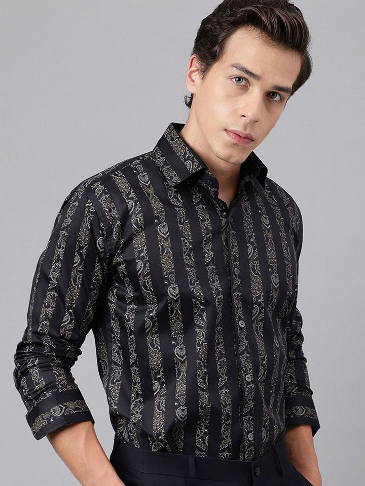 Hancock Pure Cotton Premium Floral Print Striped Satin Slim Fit Party Shirt