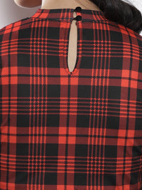 SASSAFRAS Red & Black Checked Knit High Neck Tie-Waist Crop Top