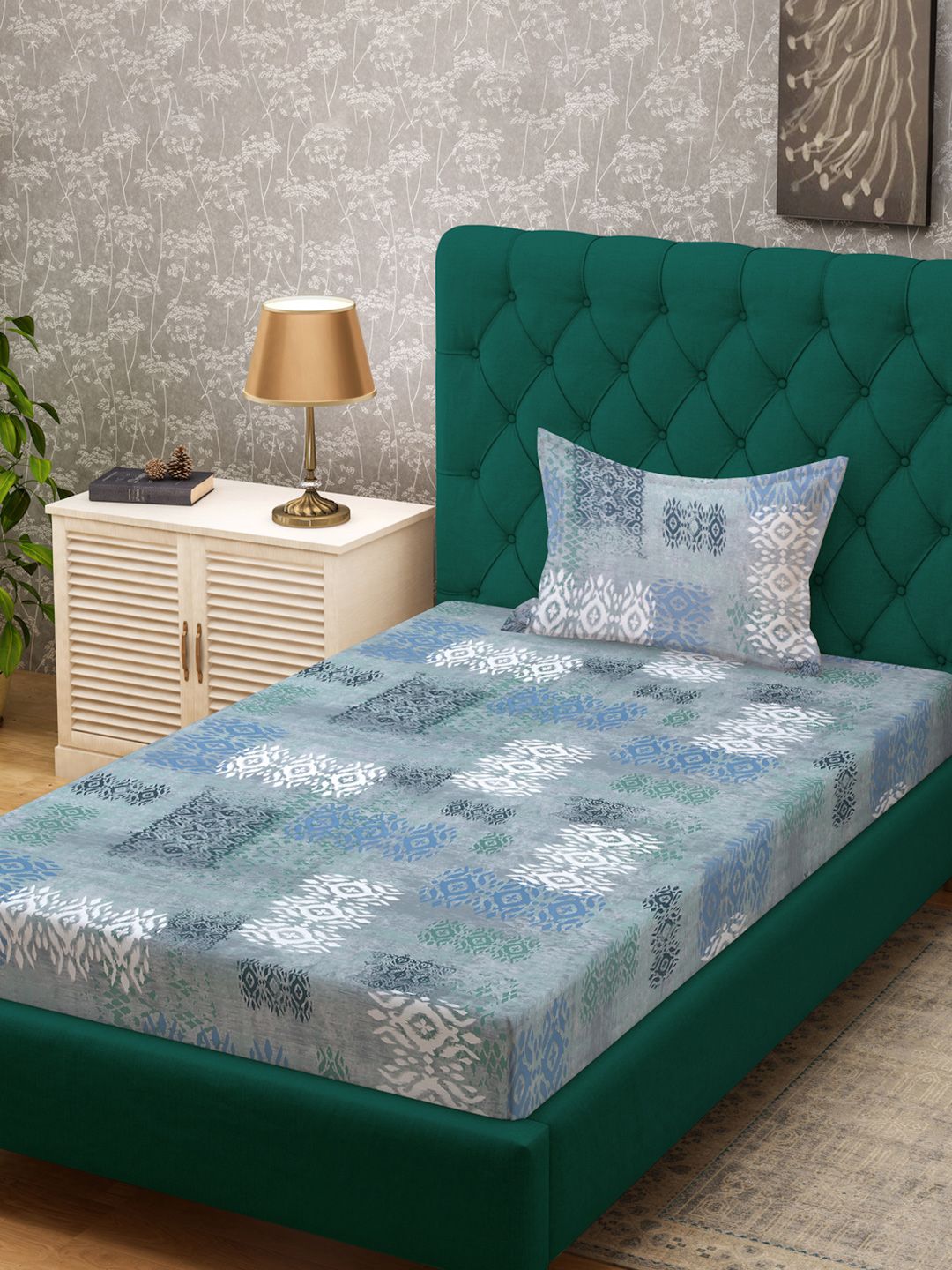 KLOTTHE Blue & Grey Printed Pure Cotton 400 TC Fitted Single Bedsheet With Pillow Cover