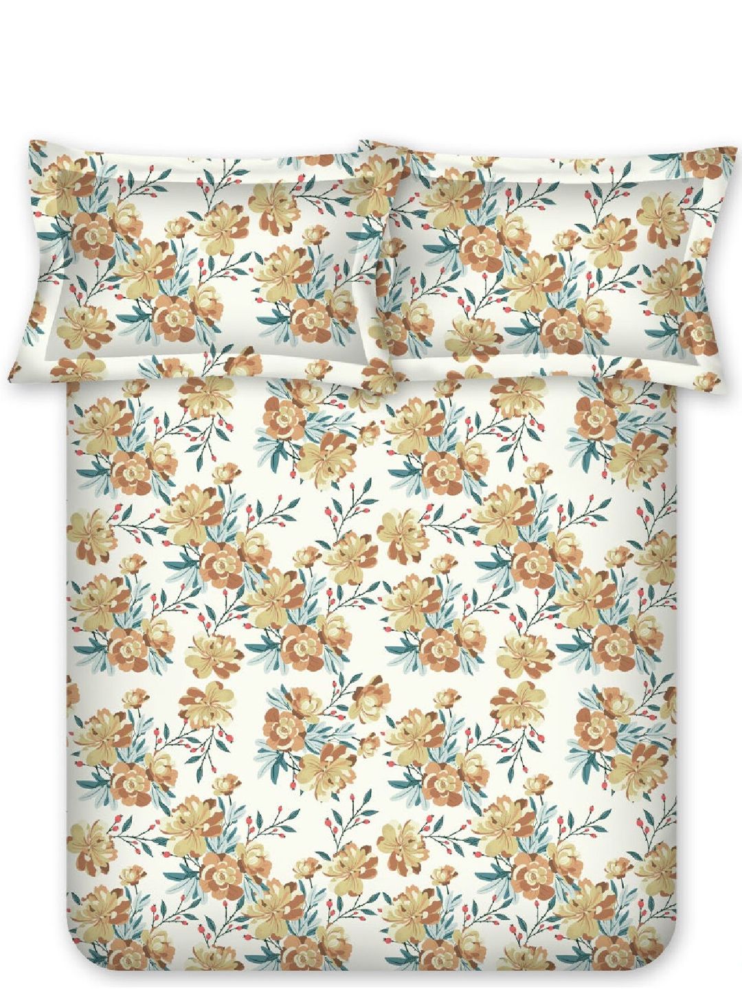 BOMBAY DYEING Allure Brown Floral Cotton 144 TC Fitted Bedsheet Set-1.52 m X1.98mX 30cm