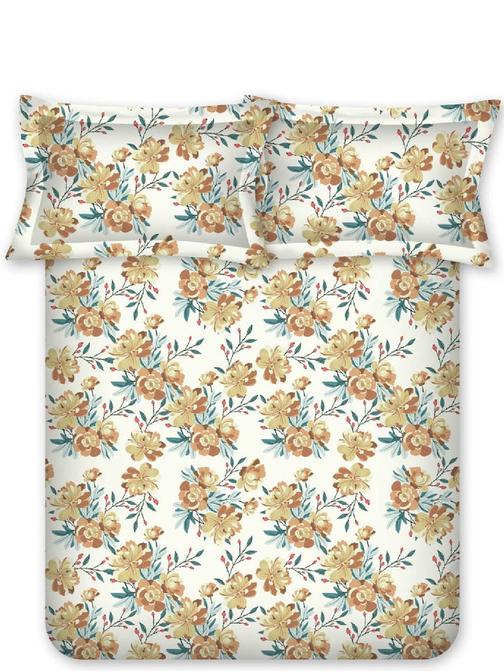BOMBAY DYEING Allure Brown Floral Cotton 144 TC Fitted Bedsheet Set-1.52 m X1.98mX 30cm
