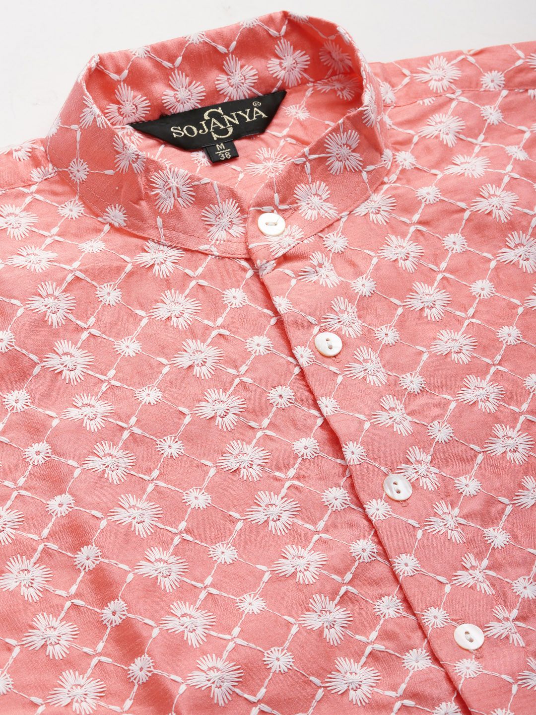 SOJANYA Men Pink & White Embroidered Thread Work Kurta with Churidar & Nehru Jacket