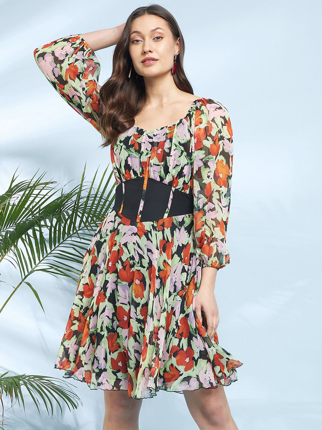 Antheaa Black Round Neck Floral Printed Chiffon Corset Fit & Flare Dress