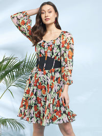 Antheaa Black Round Neck Floral Printed Chiffon Corset Fit & Flare Dress