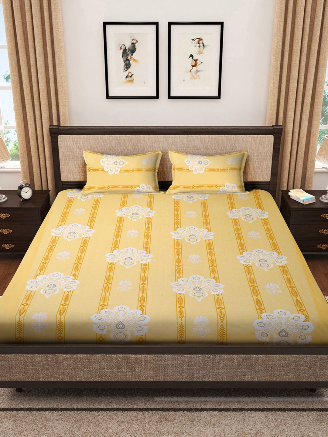 KLOTTHE Yellow & White 400 TC Pure Cotton Double King Bedsheets With 2 Pillow Covers