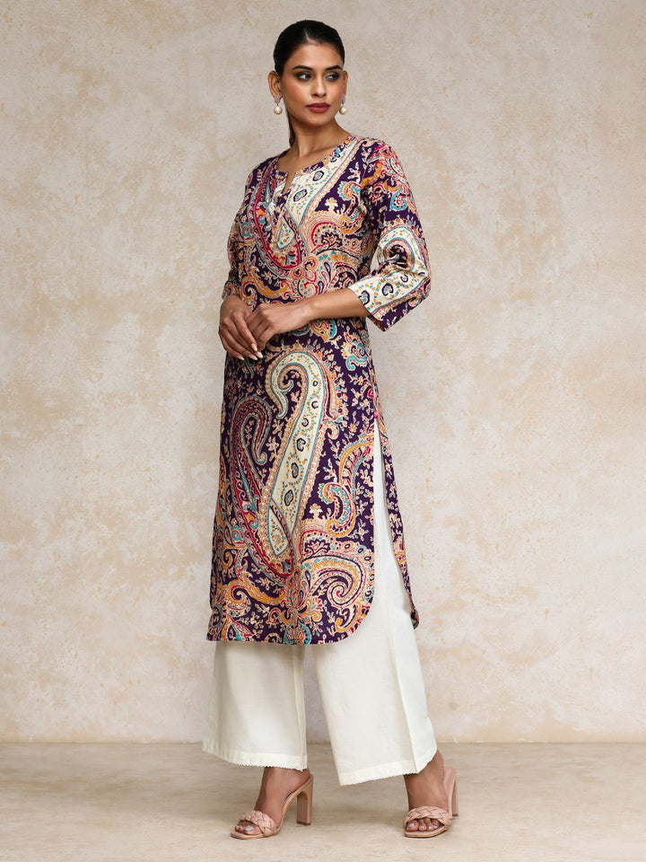Varanga Ethnic Motifs Printed Cotton Notch Neck Straight Kurta