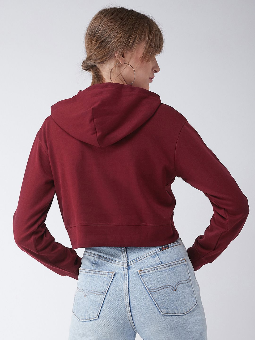Miss Chase Women Maroon Solid Hooded Cropped Boxy Sweatshirt