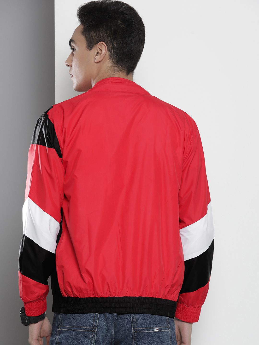 The Indian Garage Co Men Red & Black Colourblocked Outdoor Windcheater Tailored Jacket