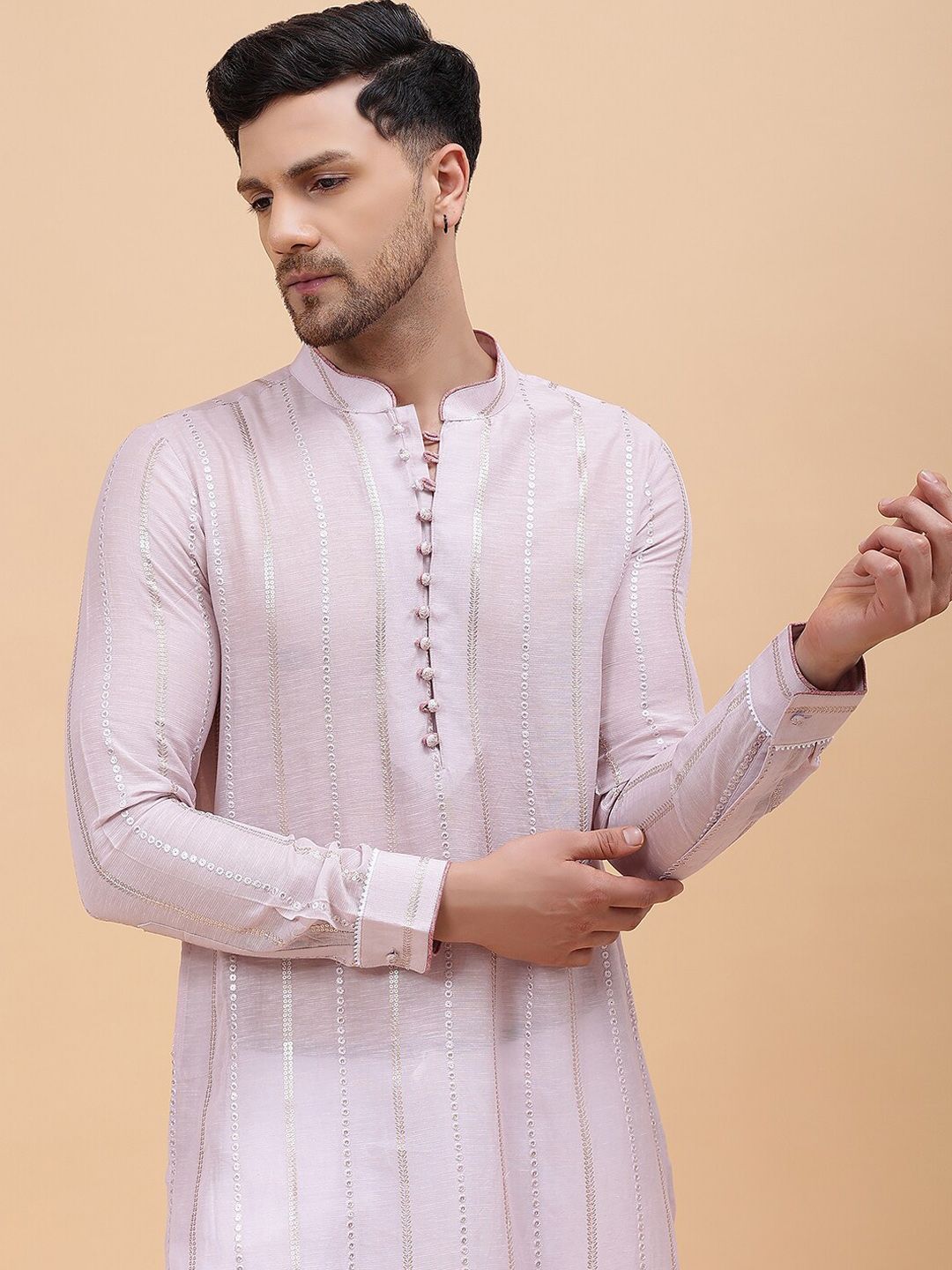 See Designs Woven Design Mandarin Collar Kurta with Pyjamas