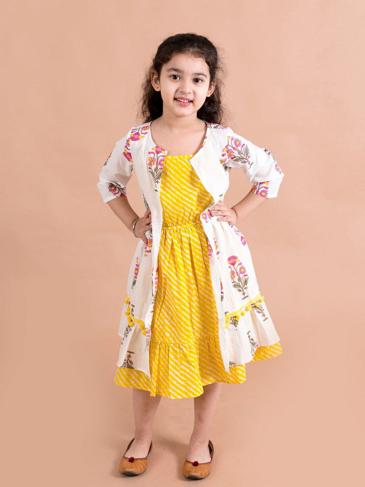 pspeaches Girls Yellow Striped Cotton Midi Dress With Printed Shrug