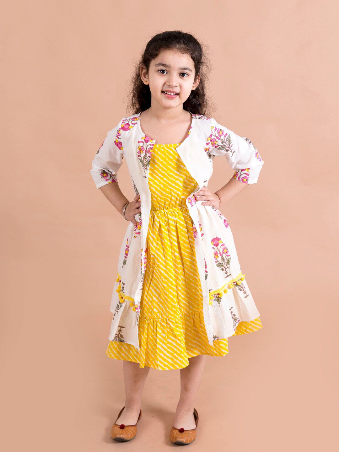 pspeaches Girls Yellow Striped Cotton Midi Dress With Printed Shrug