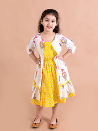 pspeaches Girls Yellow Striped Cotton Midi Dress With Printed Shrug