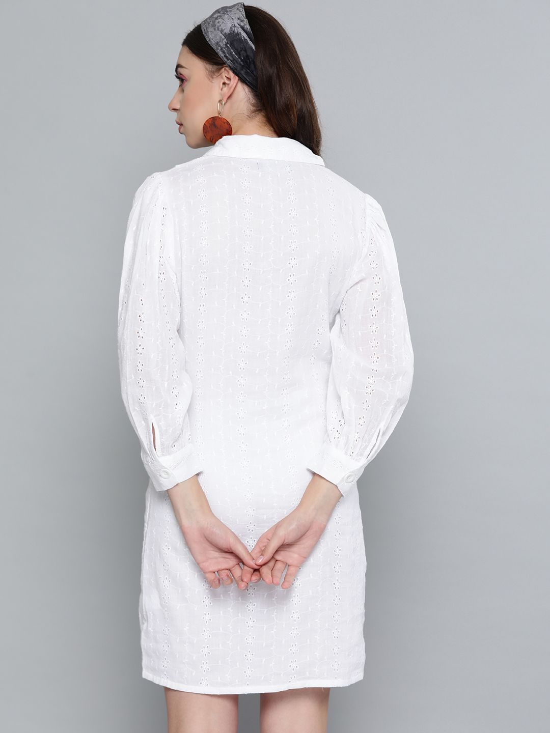 SASSAFRAS Women White Schiffli Embroidered Shirt Dress
