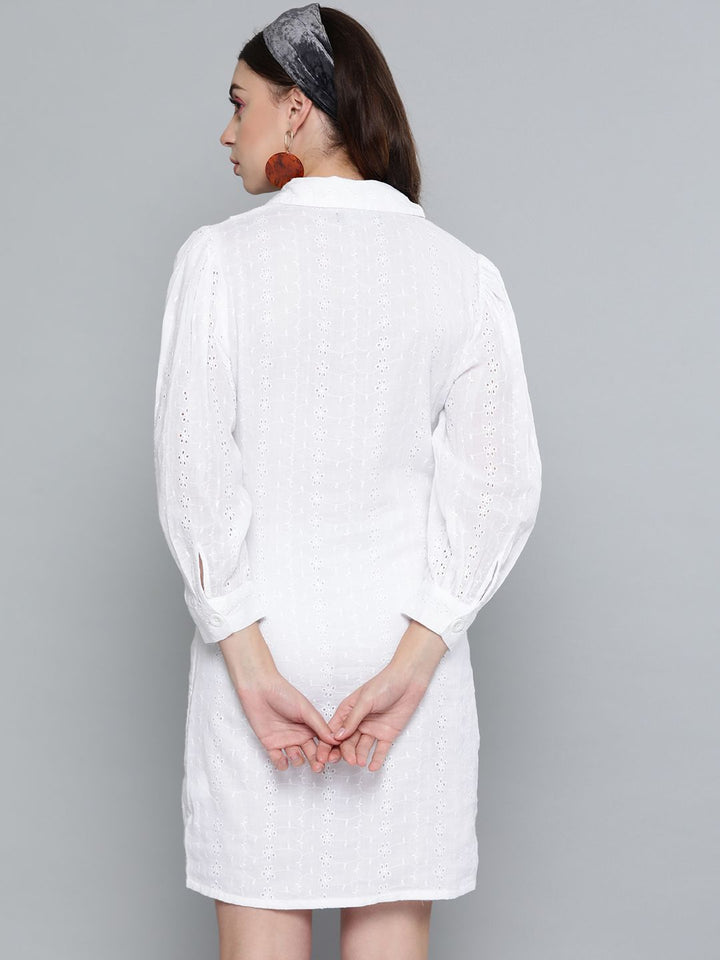 SASSAFRAS Women White Schiffli Embroidered Shirt Dress