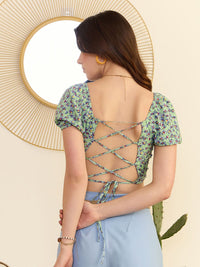 Berrylush Floral Print Square Neck Puff Sleeve Fitted Crop Top