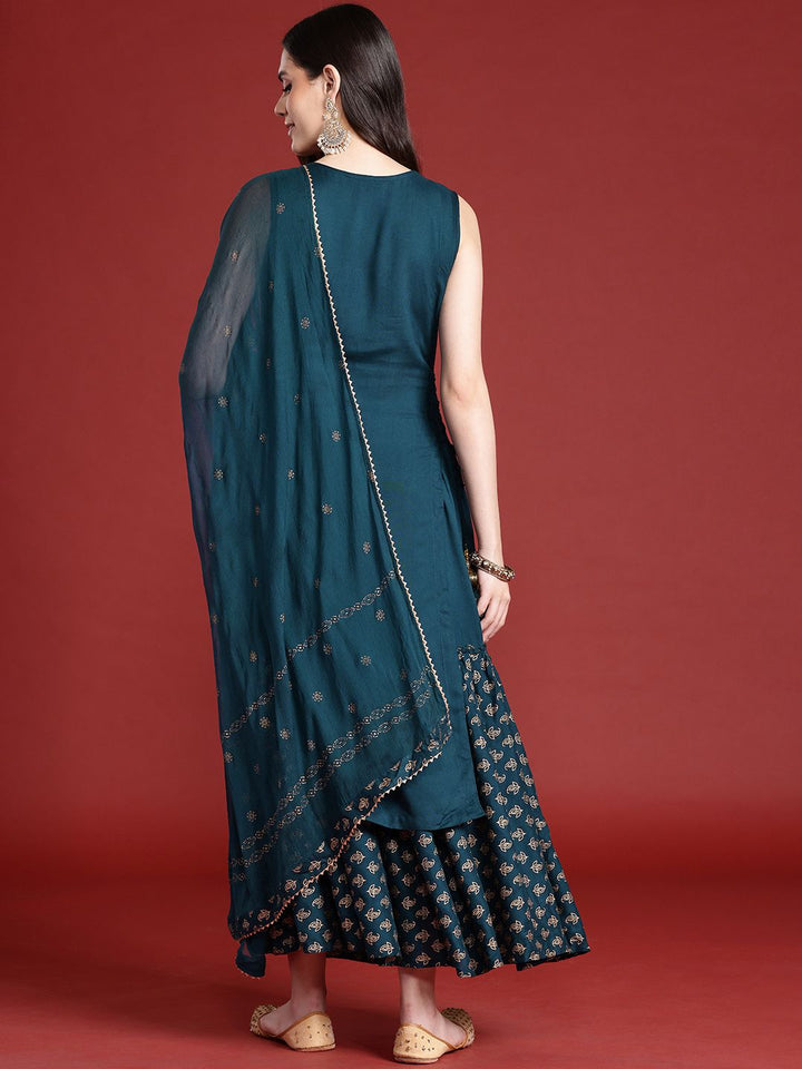 Anouk Ethnic Printed Yoke Embroidered Layered Kurta with Dupatta