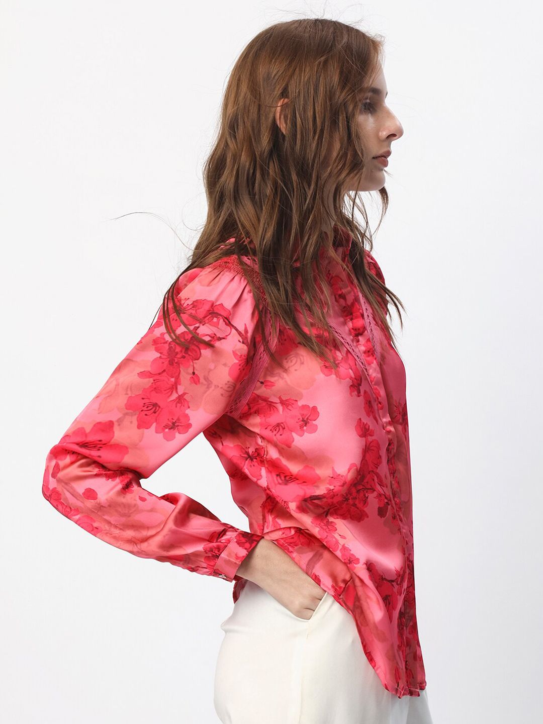 RAREISM Floral Printed Mandarin Collar Cuffed Sleeves Styled Back Top