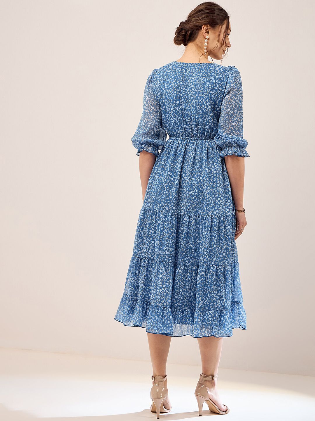 Antheaa Floral Printed Embroidered Puff Sleeve Chiffon Fit & Flare Tiered Midi Dress