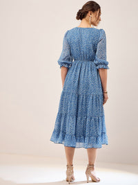 Antheaa Floral Printed Embroidered Puff Sleeve Chiffon Fit & Flare Tiered Midi Dress