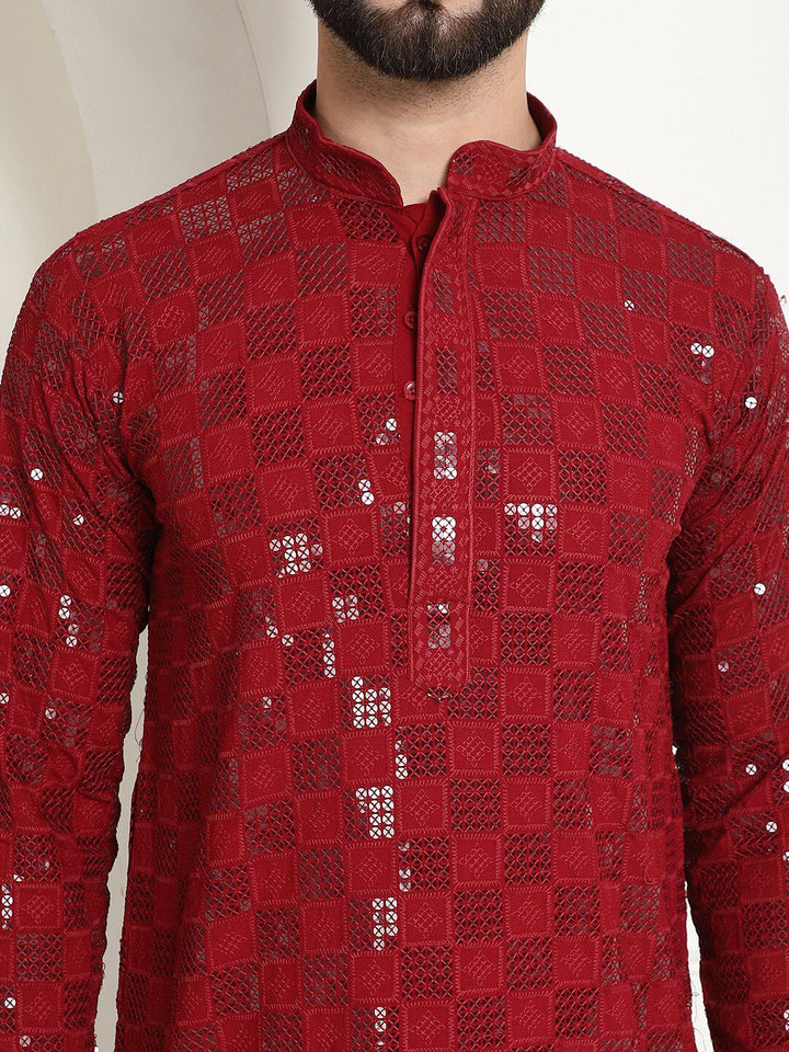 SOJANYA Geometric Embroidered Mandarin Collar Long Sleeves Sequinned Pure Cotton Kurta Set