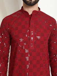 SOJANYA Geometric Embroidered Mandarin Collar Long Sleeves Sequinned Pure Cotton Kurta Set