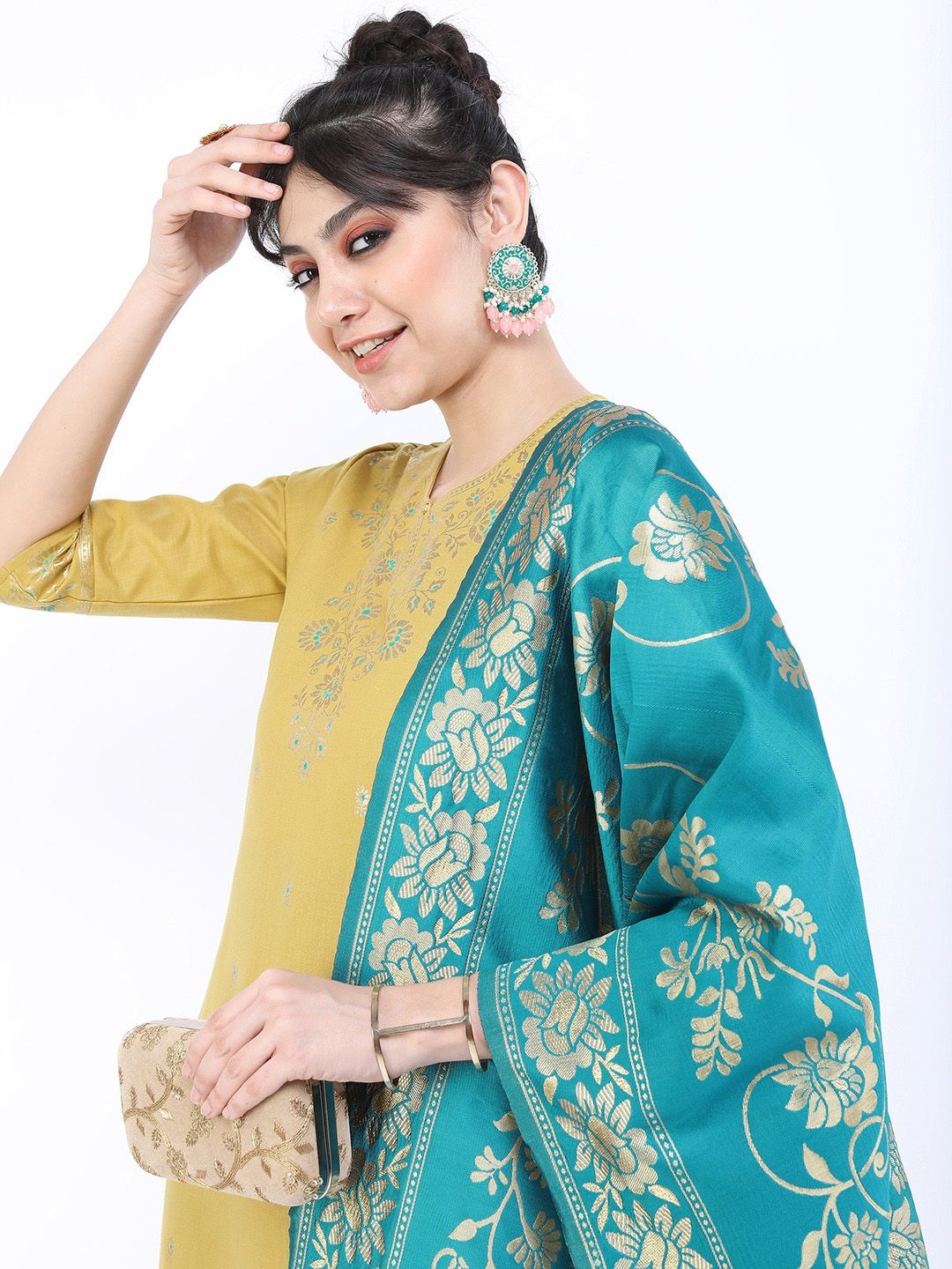 Vishudh Women Yellow Ethnic Motifs Embroidered Kurta with Palazzos & With Dupatta