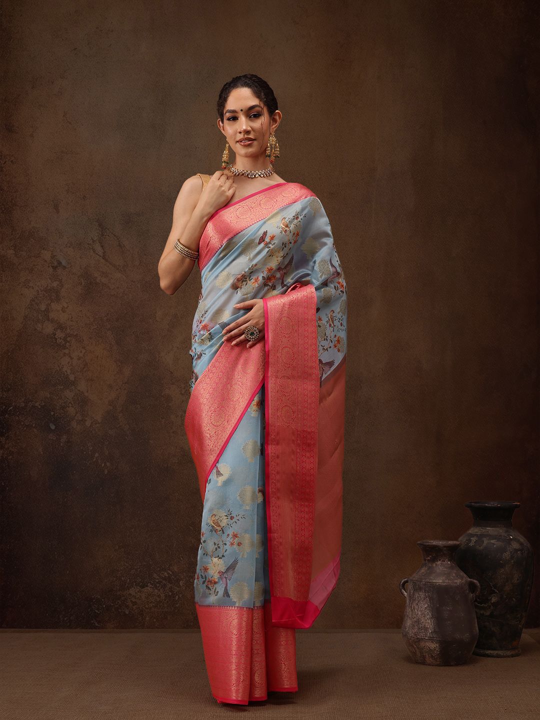 Silk Land Woven Floral Art Silk Chanderi Digital Print Saree