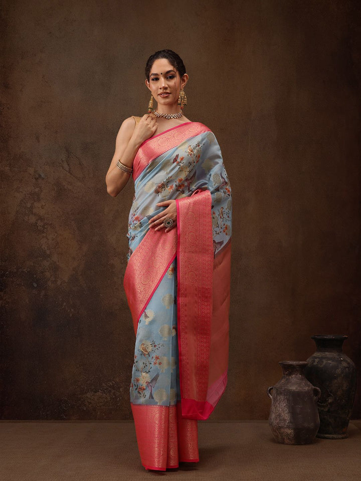 Silk Land Woven Floral Art Silk Chanderi Digital Print Saree