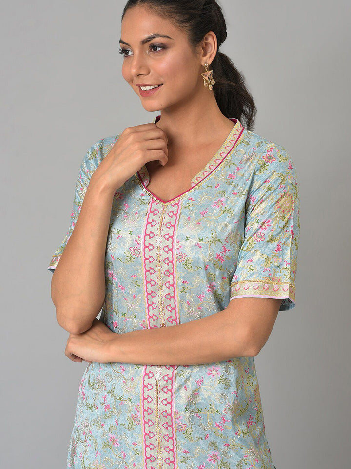 AURELIA Women Blue & Pink Floral Printed Kurta