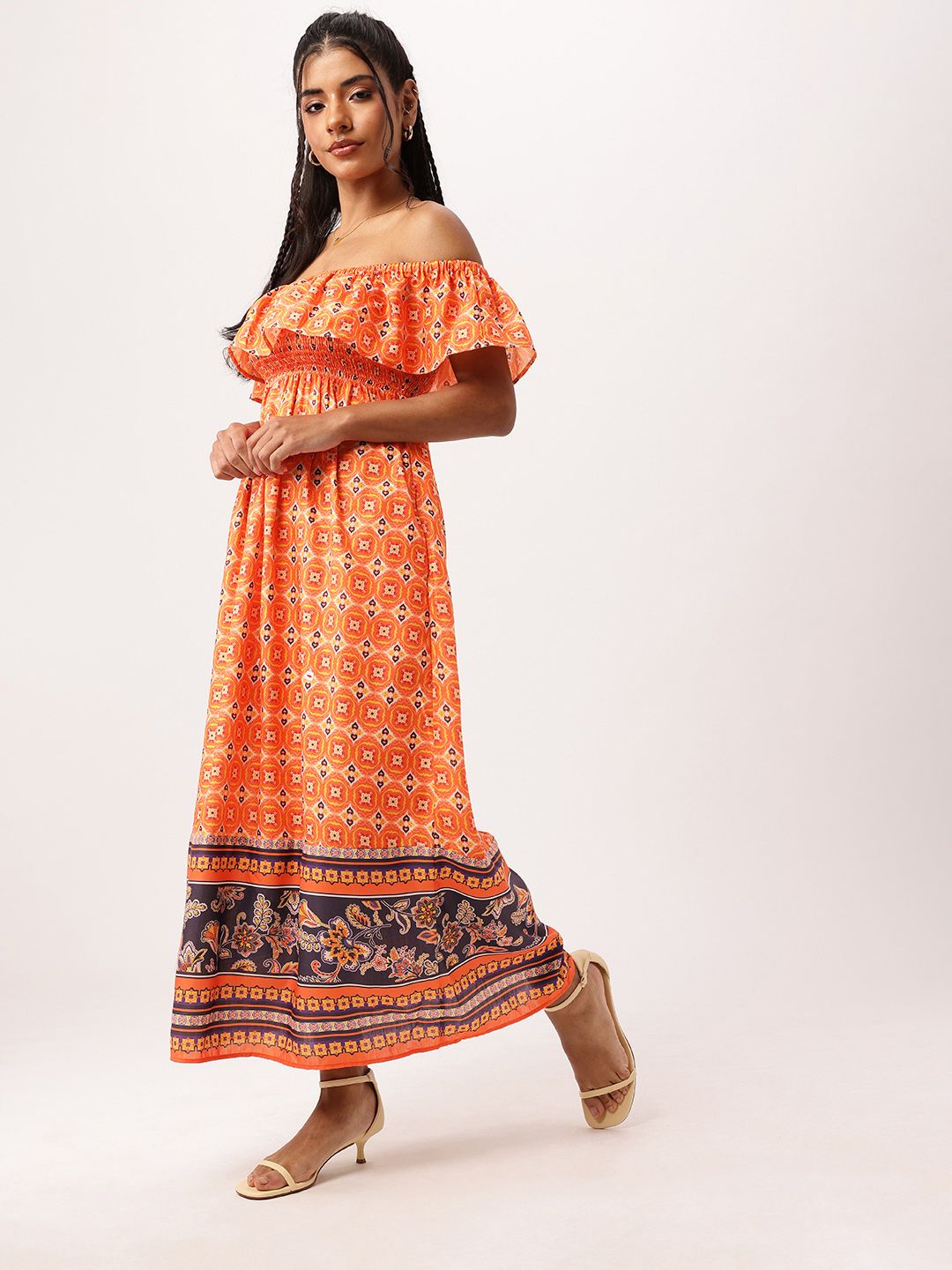 DressBerry Street Chic Meets Ethnic Prints Off-Shoulder Smocked Maxi Dress