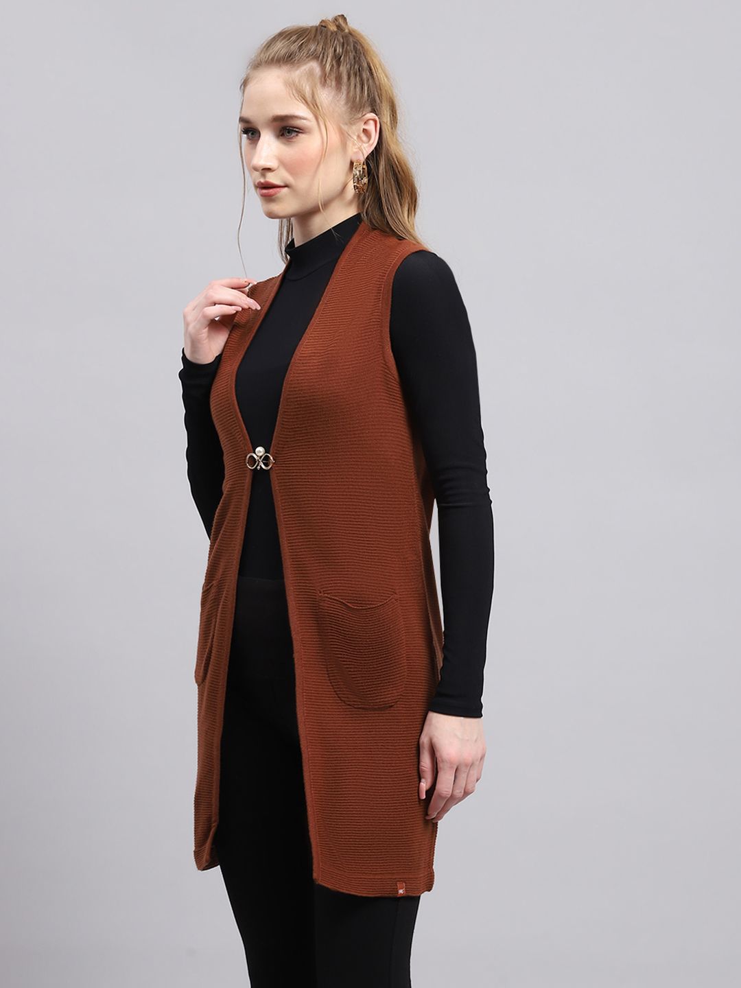 Monte Carlo Collarless Ribbed Front Open Longline Cardigan Sweater Comes With A Brooch