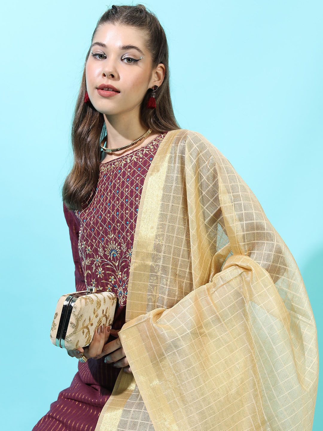 Vishudh Women Striped Pure Cotton Kurta with Trousrer & Dupatta