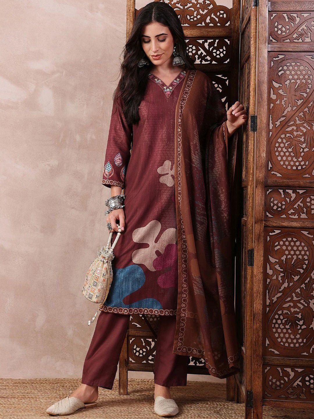 KALINI Floral Printed Thread Work V-Neck Straight Kurta with Trouser And Dupatta