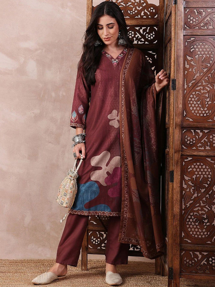 KALINI Floral Printed Thread Work V-Neck Straight Kurta with Trouser And Dupatta