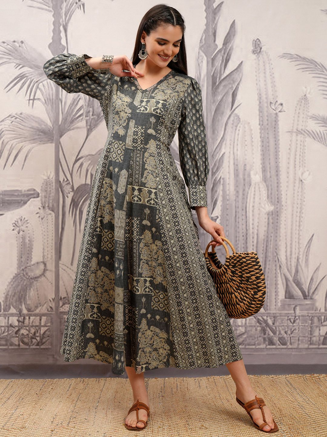 Vishudh Ethnic Motifs Printed V-Neck Puff Cuffed SleevesCotton A-Line Midi Dress