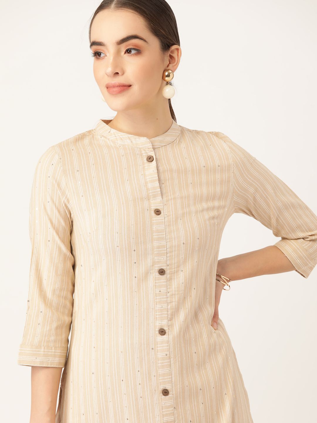 Anouk Women Beige Pure Cotton Striped Kurta with Palazzos