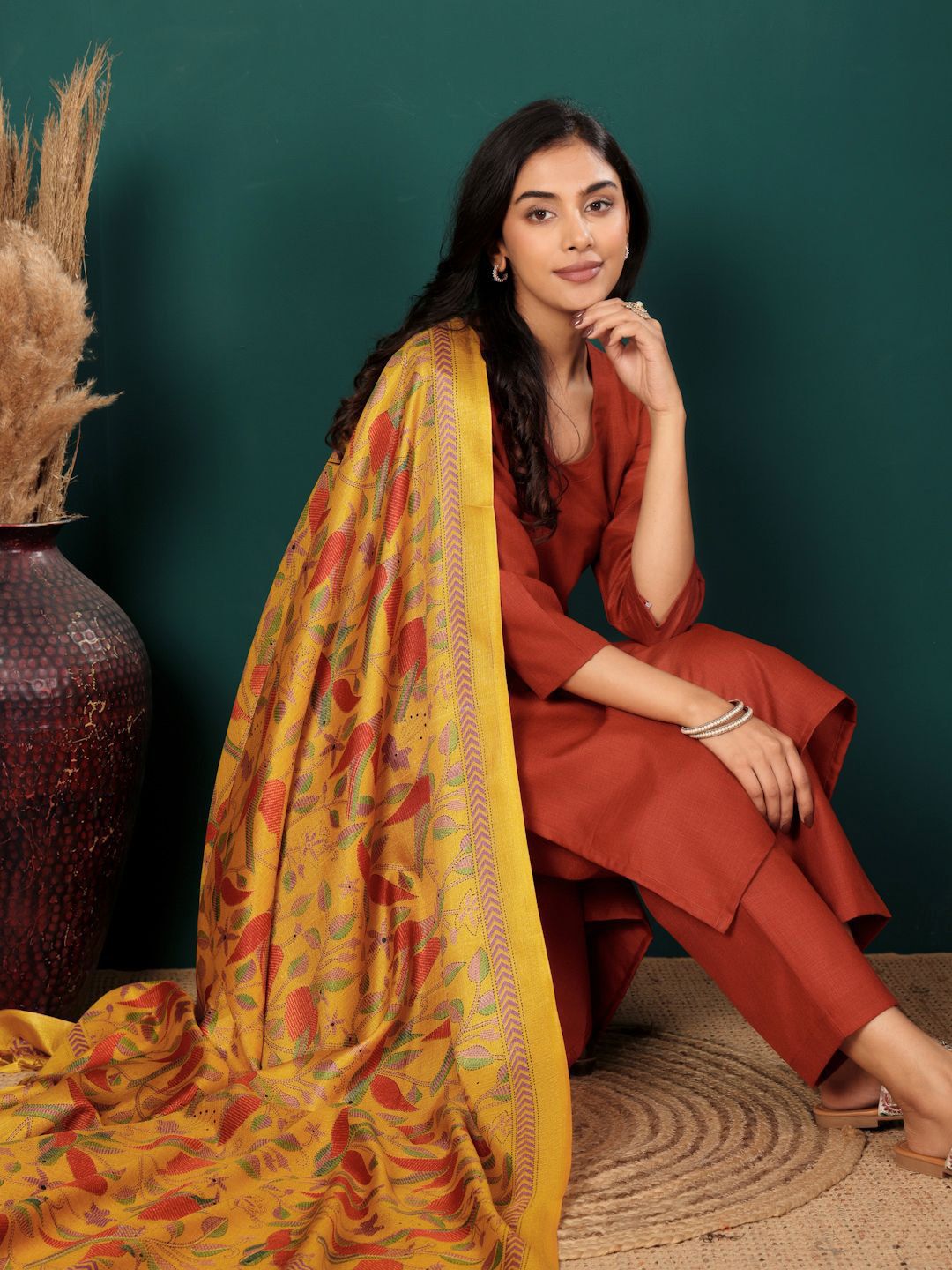 Varanga V-Neck Straight Kurta with Trousers And Dupatta