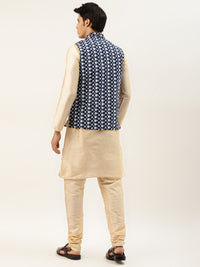 SOJANYA Men Golden Thread Work Kurta with Churidar & Nehru Jacket