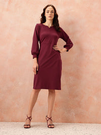 all about you Notched Round Neck Cuffed Sleeves Sheath Dress with Back Sllit
