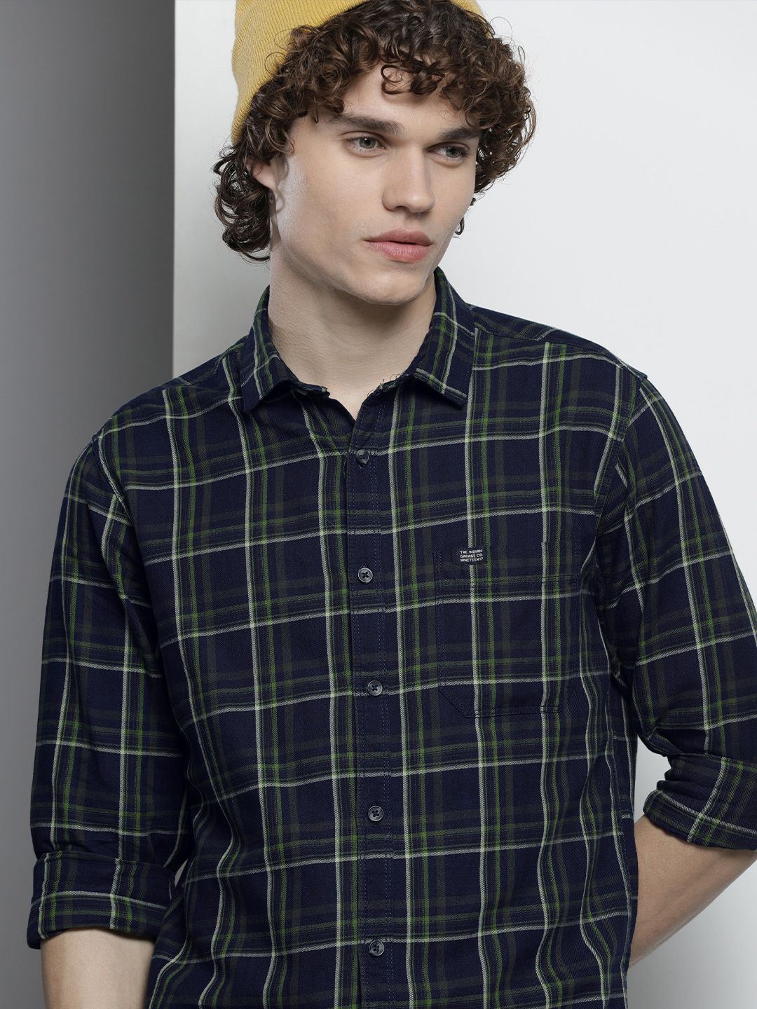 The Indian Garage Co Men Navy Blue & Green Checked Casual Shirt